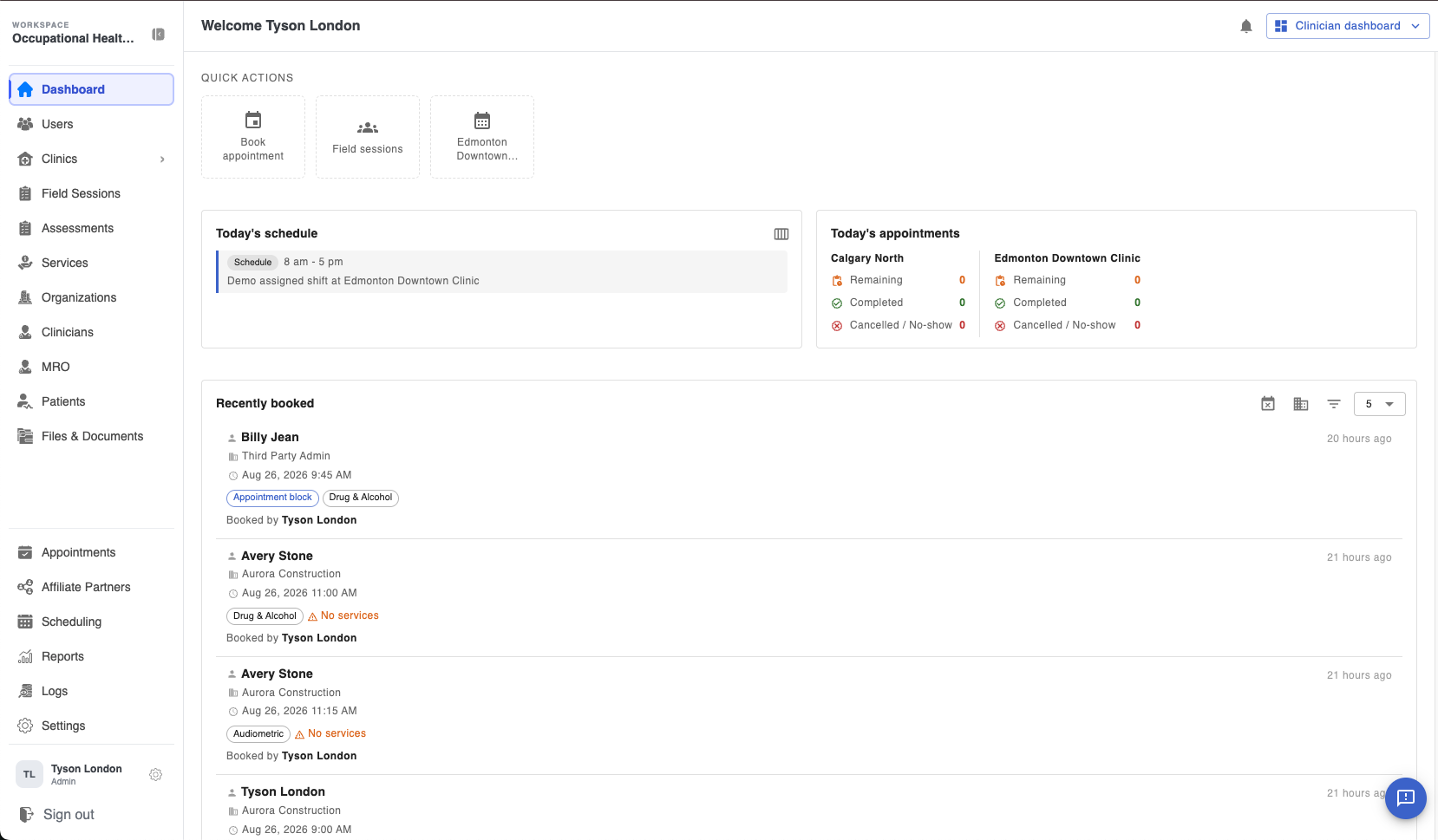 OccuHealthSoft clinician and multi-clinic dashboard