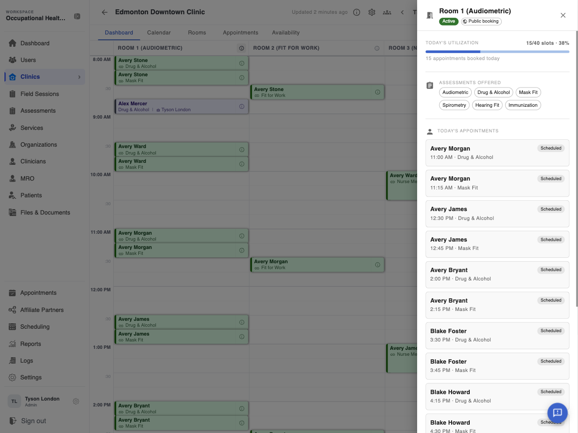 OccuHealthSoft room-based clinic appointment dashboard
