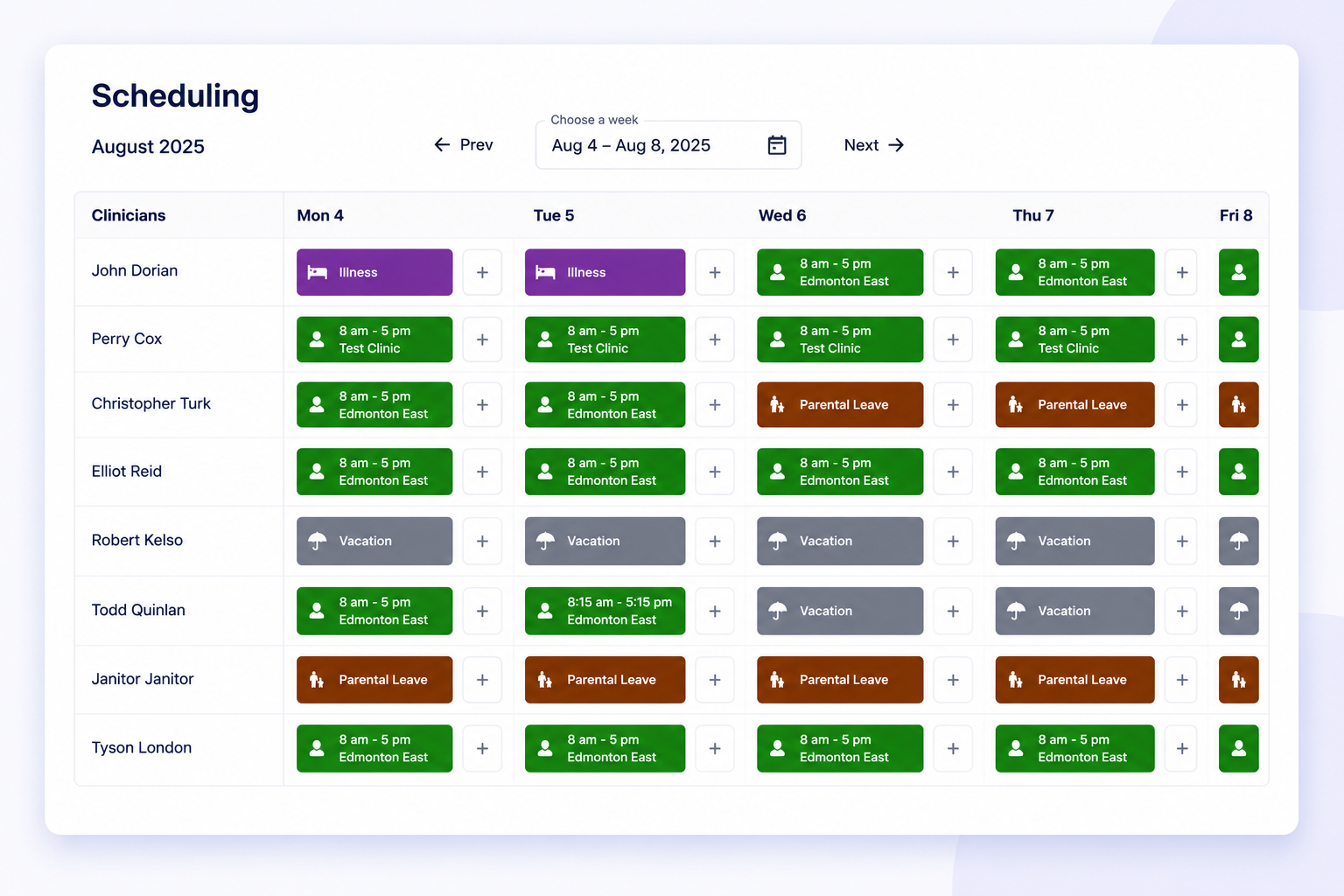 OccuHealthSoft weekly clinician scheduling interface
