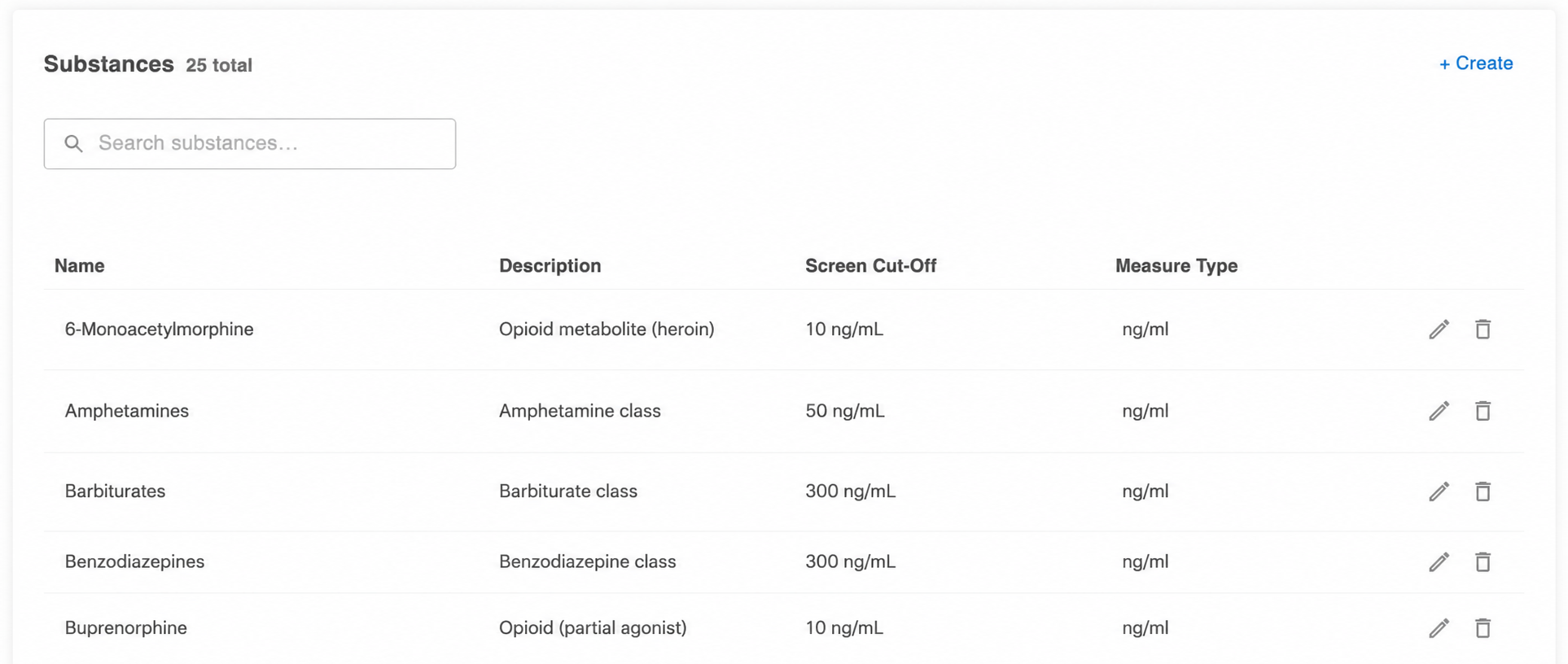 OccuHealthSoft substance and screening cutoff configuration interface