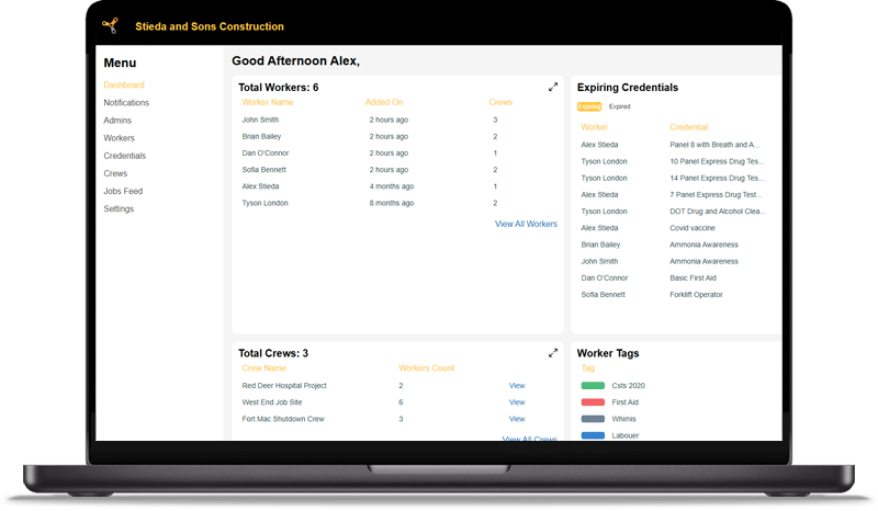 TradesLink Enterprise workforce and expiring credentials dashboard