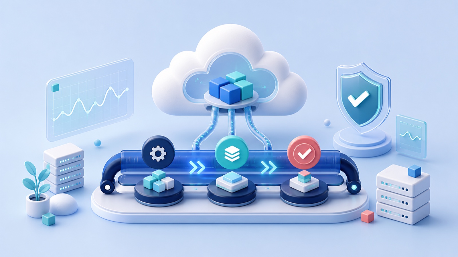 Three-dimensional illustration of a secure automated cloud deployment and monitoring platform