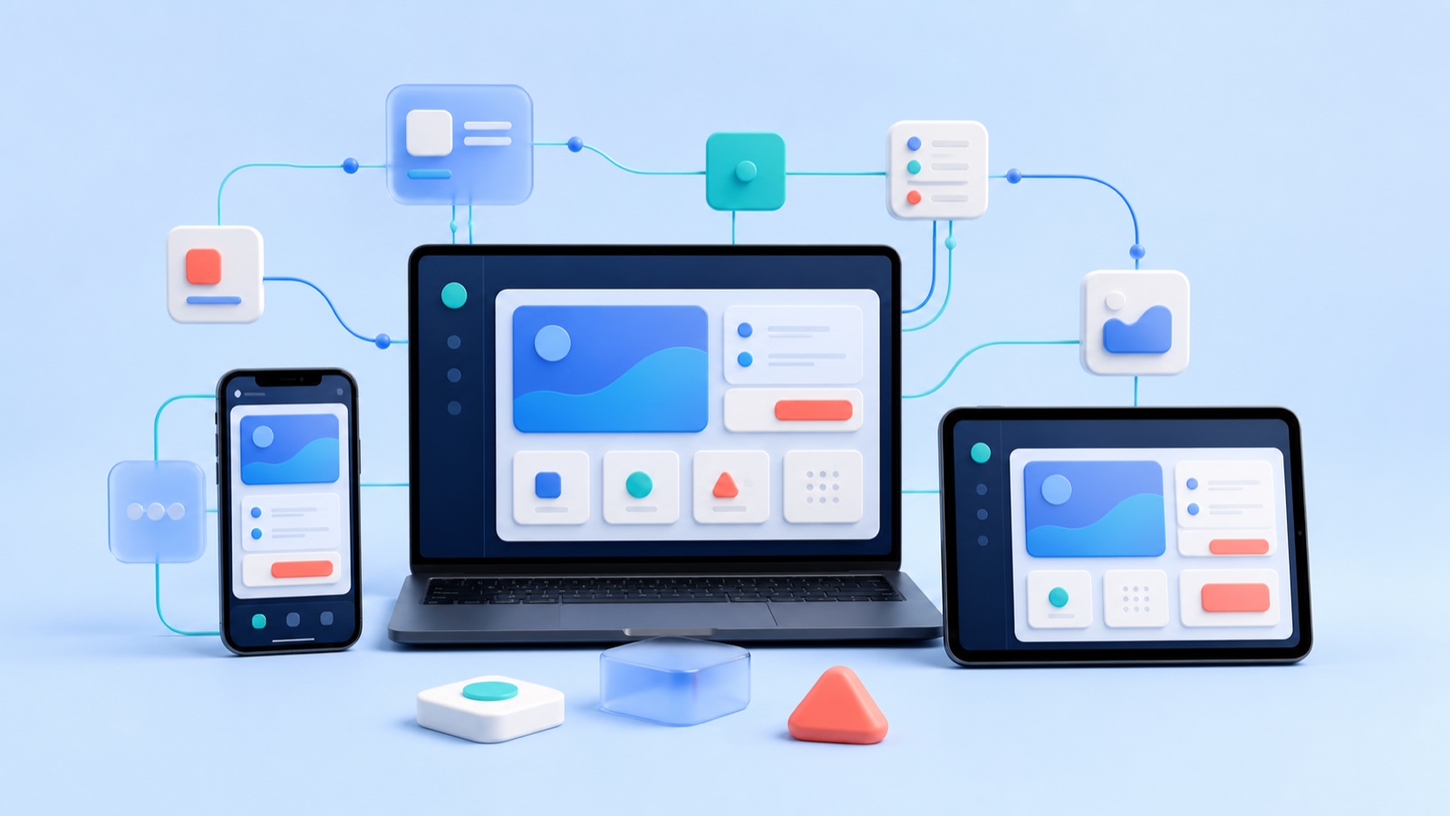 Three-dimensional illustration of a connected application running across phone, laptop, and tablet