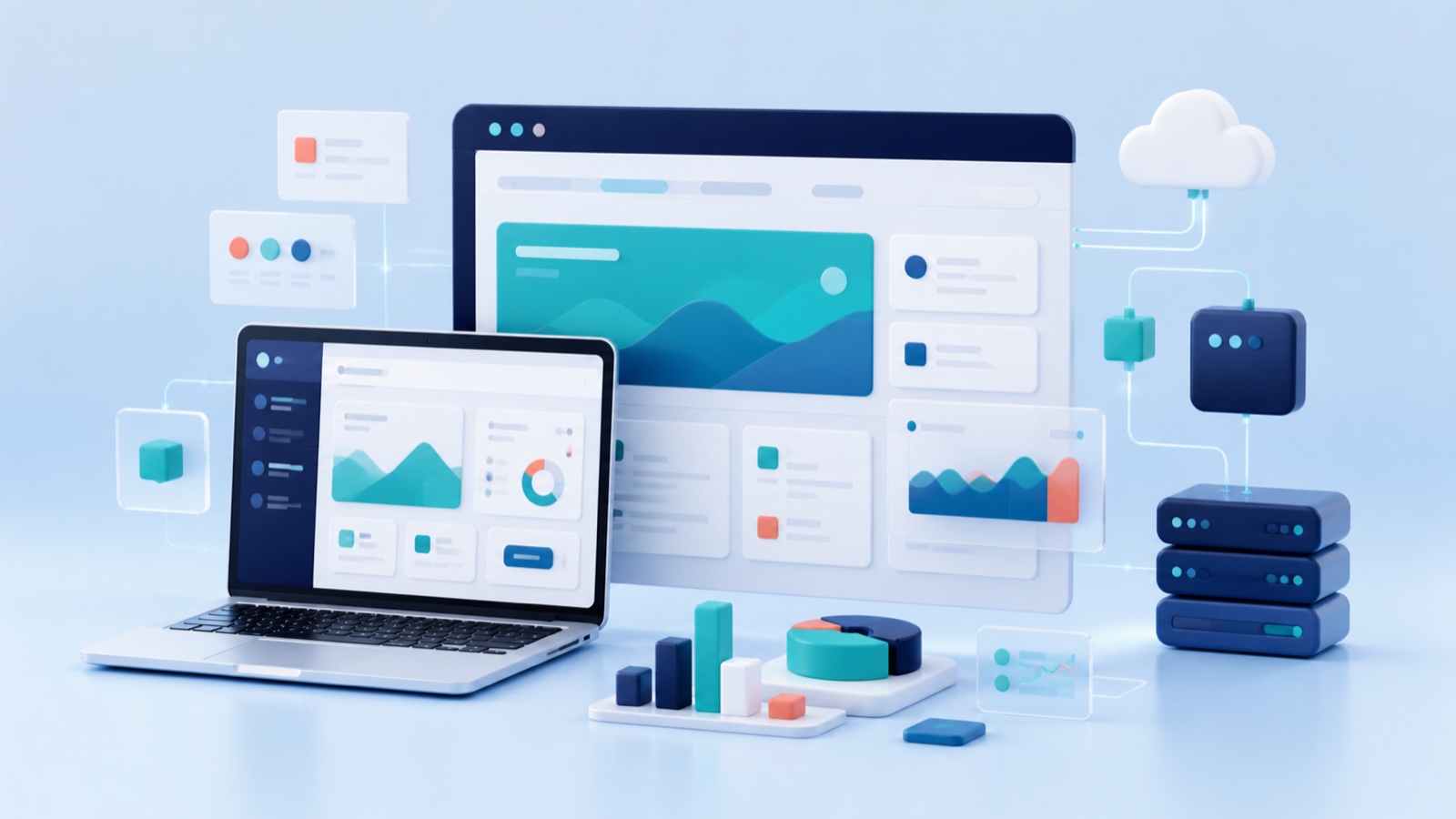 Three-dimensional illustration of a web application, analytics interface, cloud connection, and backend services